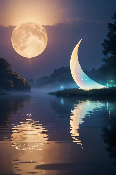 ((Highest quality)), ((masterpiece)), (detailed),Create an enchanting, spiritual illustration featuring a radiant, rainbow-colored moon hovering above a calm, reflective water surface. The moon should be glowing with vibrant hues of red, orange, yellow, gr...