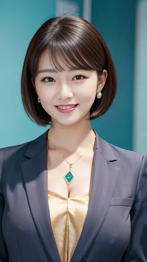 RAW Photos, High resolution, Very detailed, Intricate details, 、ear piercing、smile、short hair、Black Hair、Clear beauty,(High quality fabric, Office Lady Suits 、Necklace around the neck、, The background is the office
