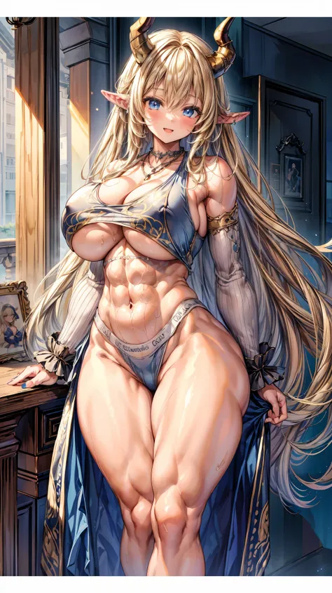 Very detailed、Highest quality、Best image quality、masterpiece、8k、Sparkling Blue Eyes、Anime Face、A kind smile、Open your mouth、(Big Breasts:1.5)、Long blonde curly hair、(SFW Giant)、(Cowboy Shot)、(High leg panties:1.5)、(muscle)、Horn、necklace