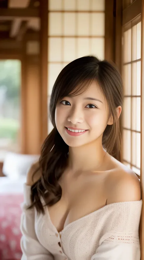 masterpiece,best quality,(Japanese girl),((Beautiful girl)),cleavage,(off shoulder:1.2),(perfect body beauty:1.2),(shy smile),From slightly above