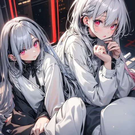 High resolution,Cafe。 Futuristic cafe counter。Holographic Menu。Staring girl。The interior of the cafe has a shiny metallic design.。transparent chair。Neon sign。Casual cyber suit headset and cyber accessories。Silver Hair。Red eyes, Wide-angle shot, 