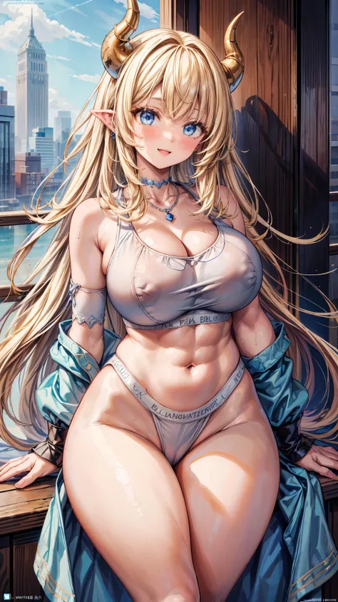 Very detailed、Highest quality、Best image quality、masterpiece、8k、Sparkling Blue Eyes、Anime Face、A kind smile、Open your mouth、(Big Breasts:1.5)、Long blonde curly hair、(SFW Giant)、(Cowboy Shot)、(High leg panties:1.5)、(muscle)、Horn、necklace