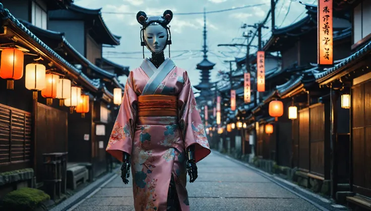 torii,null,High resolution, High resolution, 8K, Masterpiece 2:1,( Shrines in Kyoto),Creating an image of a female android in a beautiful kimono walking through the streets of Kyoto. The style is terrible, and the fusion of humans and robots has a mysterio...
