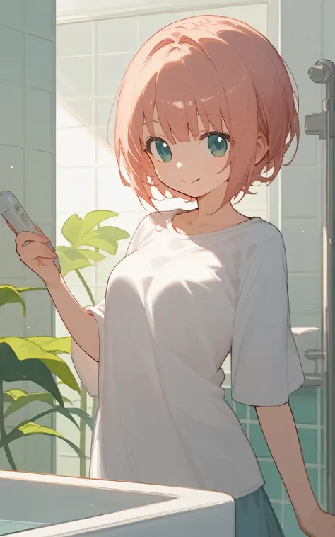 The blue-haired Anime Girl pops her head out of the bathroom door, Animation by Sengai, pixiv, Concept Art, In the bathroom, In the bathroom, Cute girl anime visual, Anime Girl Squatting, , sayori, Cute anime girl, Anime cute art style, Anime Girl, Anime s...