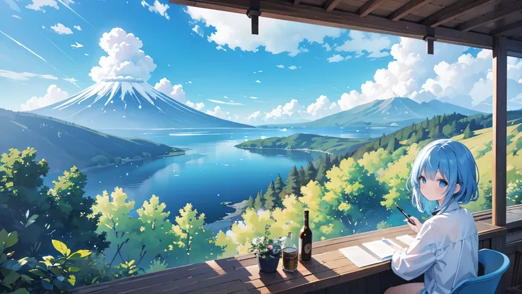 create a view of a lake with a forest and a volcano. blue sky with white clouds, Daylight illumination