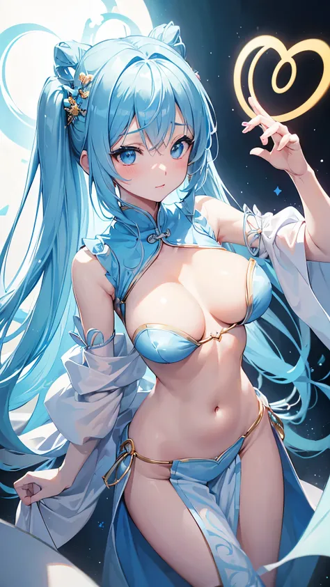 (((anime-style cute face)))、Light blue twintails、beautiful、blush、Very big eyes、anatomically correct body、Thighs、The face is bright、Professional Lighting、Very small breasts、(Highest quality1.5, Anime artwork, Anime Style, Studio Anime, Very detailed, Anime ...