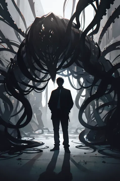 Black simple tone，A man，Hands in pockets，Stand right in the middle，Huge shadows，There are hair-like tentacles extending from the shadow，Hair spreading everywhere，Silhouette，Dark and oppressive atmosphere