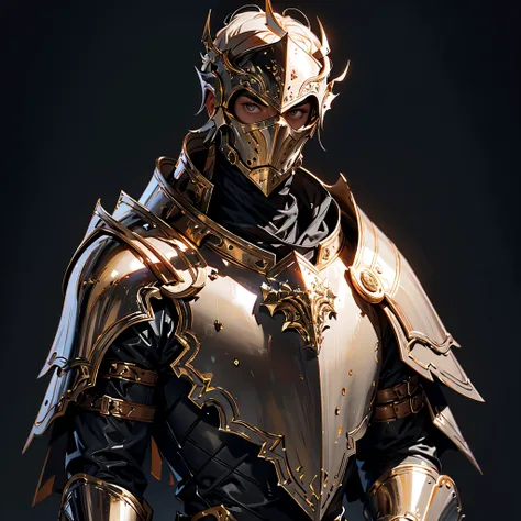 envision a 8k, highres, cinematic close up portrait of a Faceless Male Knight with a slender muscular body with Grand Golden leather armor with against a dark gray background in the style of dark fantasy