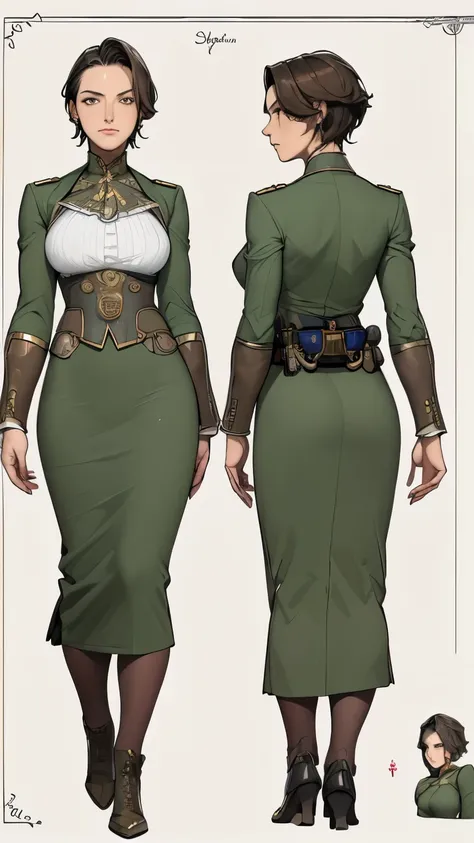 ((masterpiece)),(((Highest quality))),((Reference Sheet, Character Design)),front view,oblique view, ((perfect anatomy)),perfect finger,(detailed face), solo,1 middle age woman,Army officer,(Steam Punk), (Victorian era),horizontal angle,((looking at viewer...