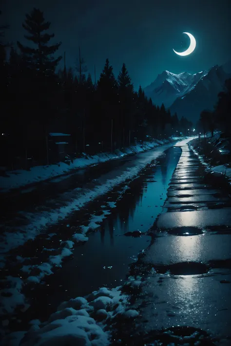 snow mountain，moon，night