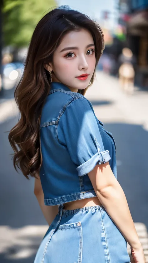 Masterpiece, Best quality，8k, Ultra-high resolution，Reallightandshadow，Cinema lenses，(beautidful eyes:1.1)， ((The scene is，The upper part of the body))，the street，Goddess of tenderness，Wear denim skirts。