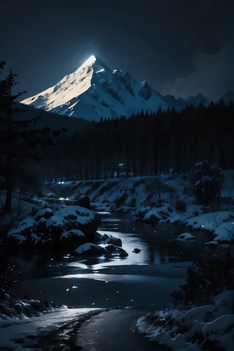 snow mountain，moon，night