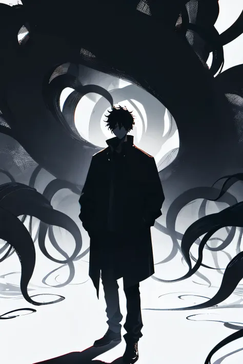 Black simple tone，A man，Hands in pockets，Stand right in the middle，Huge shadows，There are hair-like tentacles extending from the shadow，Hair spreading everywhere，Silhouette，Dark and oppressive atmosphere