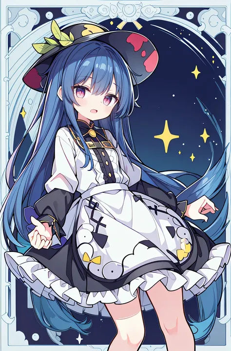 oung Girls,Humanity,A magician always smiles,big witch hat,cute,dark blue long hair,The eyes are dull,The bangs are heavy,Thin eyebrows,fantasy,intake,Double teeth,Star Theme,Constellation pattern,Solid color clothetal decoration,cloak,A bit of a dark atmo...