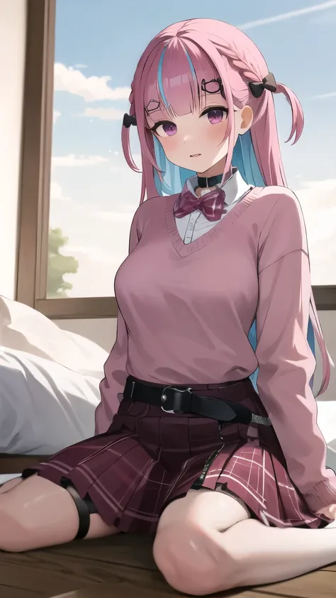 masterpiece, best quality, highres, kkaqua, pink sweater, belt, cowboy shot, standing, bed, (wariza:1.4), look at viewer