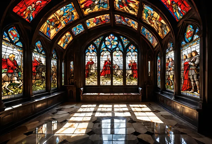 fancy marble room with a large intricate medieval style stain glass mural of Dracula terrorizing the countryside and knights riding out to face him, tasteful classical nudity, story told in many panels, dark room, stained glass backlit by the morning sun
