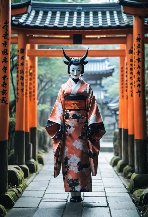 The image shows a female android with demon horns dressed in a beautiful kimono strolling through a Kyoto shrine。The style is also terrible.、人間とrobotの融合は美しさの中に神秘的でSpooky atmosphereがある。Torii gate in the background、There is a shrine in Kyoto。機械でできたLong neckを...