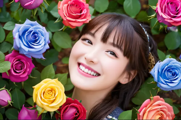 Highest quality　masterpiece　detailed　A super cute  is smiling and happy as colorful roses fall from the sky　Photo style　Fantasy　Dramatic Production　Fantasy