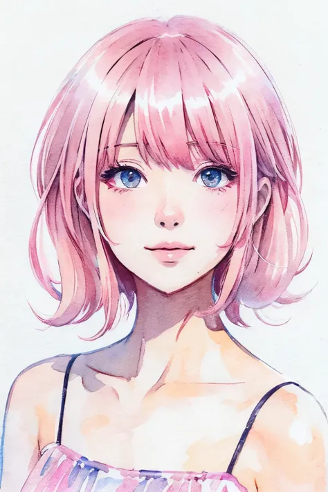 Watercolor、(Illustration style)、(Showa Anime)、(highest quality)、extra short length Hair,  pink hair color