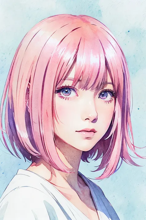 Watercolor、(Illustration style)、(Showa Anime)、(highest quality)、extra short length Hair,  pink hair color