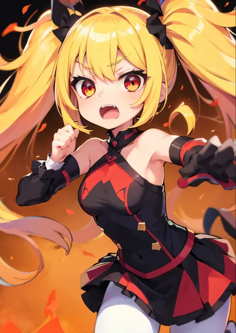 One girl, idol-like anime character, blond twin-tail hair, big mouth, burning eyes, strong eyes, screaming, looking up, barking alone, screaming but cute face, girlish fashion, bright expression, blond twin-tail hair, fall clothes, pants, focus on face, fr...