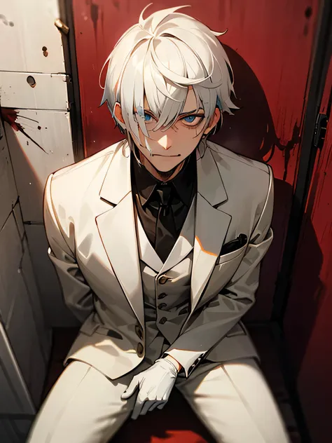 close up face,solo,45years old man,white multicolor streaked short shaved hair,White tuxedo, blood-stained gloves:1.2, sitting in a back alley, looking at viewer: 1.3, expressionless, Plotted face、Hidden betrayal, twisted grin:1.3、criminal、psychopath,(Male...