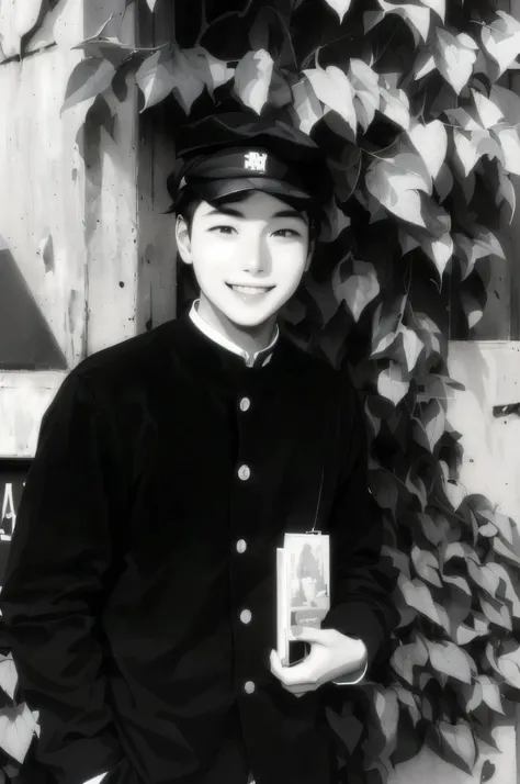 A male student standing in front of the wall in front of the school and smiling happily