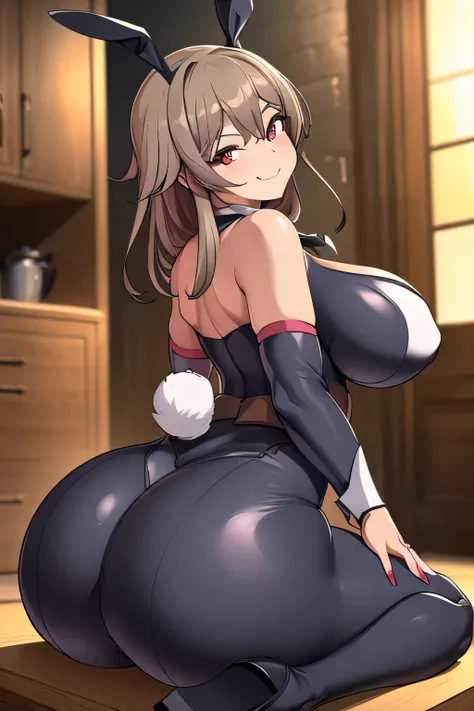 4K((Highest quality)),(masterpiece)(Super detailed),　(((Black Bunny Girl Costume))) Ample breasts、(((Big Butt))) Sexy Smile , Plump thighs、Slender belly、 (((Rabbit Pose))) 