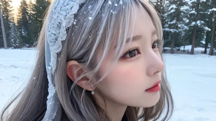 One girl,(snow,ice),In winter,Gray Hair,Shiny Hair,Wavy Hair,Hair Scrunchie,masterpiece,,Absurd,Exquisite facial features,吹snow