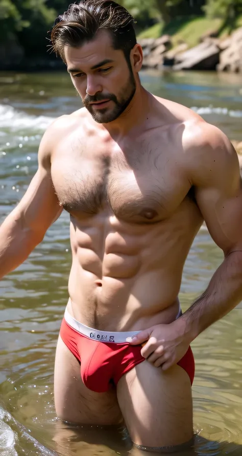  maturel Father、handsome daddy ,Spanish men、very handsome、Abdominal muscles、Chest muscles、 underwear、Body hair、full-body shot，In the river，external，