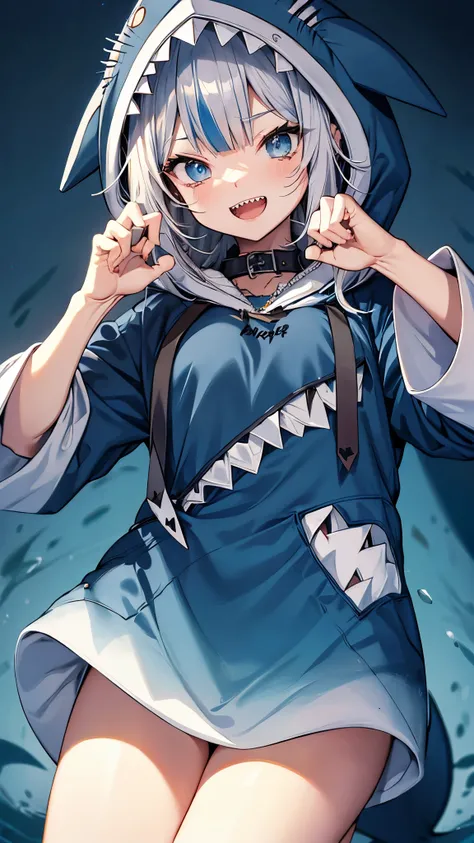 gawr gura,sharp teeth, shark tail,blue hoodie, shark hood,(hood up:1.3),(chibi:1.5),smile,open mouth,(claw pose:1.1),upper body,masterpiece,Noise Reduction,perfect anatomy,high resolution, ultra-detailed, ultra-detailed face,game cg,dutch angle ,beautiful ...