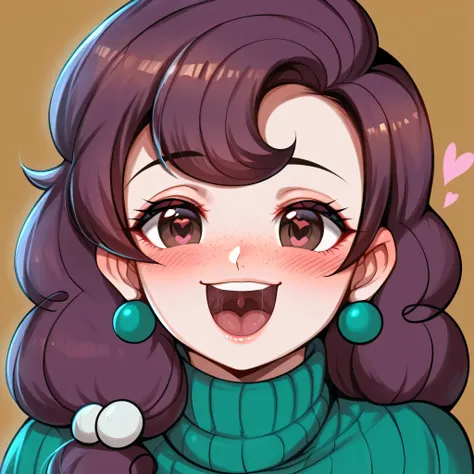 score_9, score_8_up, score_7_up, 1girl, solo, expressive, hearts, dynamic, brown hair, brown eyes, pale skin girl, pale skin, freckles, green turtleneck, cozy, blush, in_office, looking_longingly, seductive, sexy_woman, cuddling giant dick, sugar belle, de...