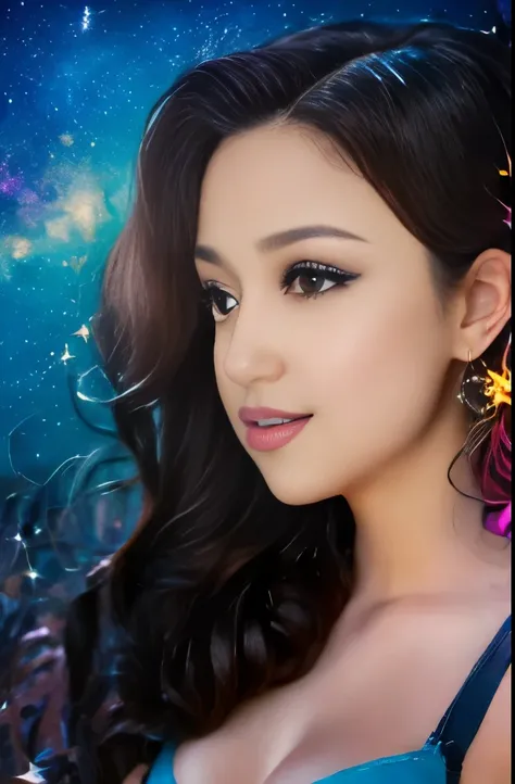 High detail, super detail, super high resolution, girl enjoying her time in the dream galaxy, surrounded by stars, warm light sprinkled on her, background is starry sky with colorful galaxies and galaxy clouds, stars flying around her, delicate face, addin...