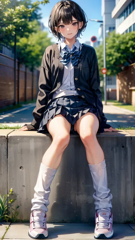 one  boy,fem boy,black short hair,slender body,((flat chest)),((sitting)),((wipe off socks)),school uniform,seller uniform,ribbon,pleated skirt,((loose socks)),((sneakers)).