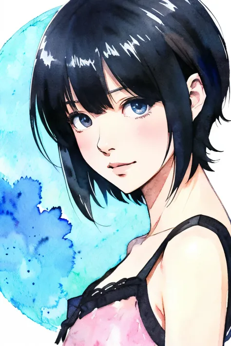 Watercolor、(Illustration style)、(Showa Anime)、(highest quality)、extra short length Hair,  black hair color