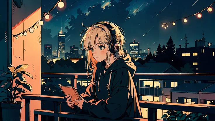 Cozy night balcony workspace, anime style, one young cute girl studying, wearing headphones and oversized hoodie. One cat is on railing. String lights and potted plants hanging, starry night sky backdrop. Warm ambient lighting from candles and fairy lights...