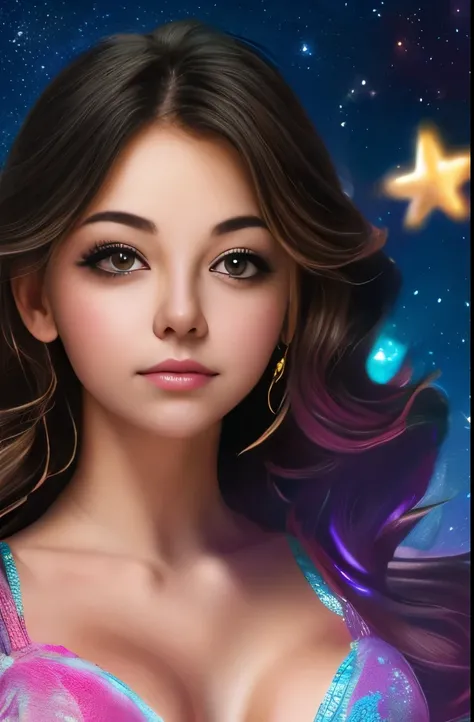 High detail, super detail, super high resolution, girl enjoying her time in the dream galaxy, surrounded by stars, warm light sprinkled on her, background is starry sky with colorful galaxies and galaxy clouds, stars flying around her, delicate face, addin...