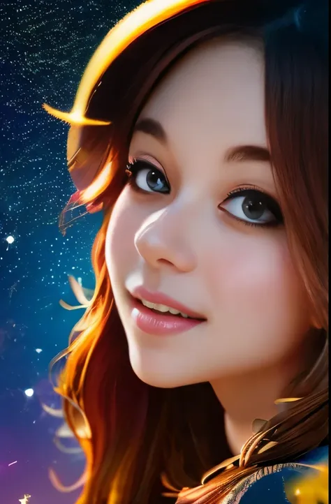 High detail, super detail, super high resolution, girl enjoying her time in the dream galaxy, surrounded by stars, warm light sprinkled on her, background is starry sky with colorful galaxies and galaxy clouds, stars flying around her, delicate face, addin...