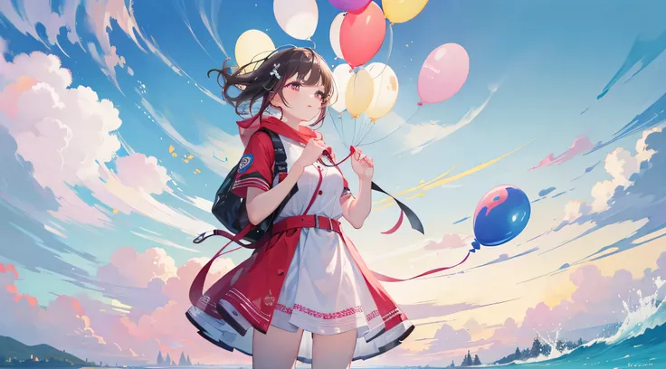 Top quality, Masterpiece, High resolution, One girl, Girl blowing up balloons