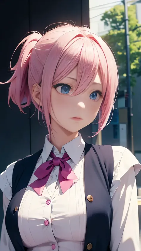 anime girl with pink hair and blue eyes weareturng a vest, April Rendering, Sayori, Another close-up of Iwakura, 8K portrait rendering, Rendering a cute 3D anime girl, Realistic anime girl rendering, Smooth anime CG art, Close-up of a young anime girl, Cut...