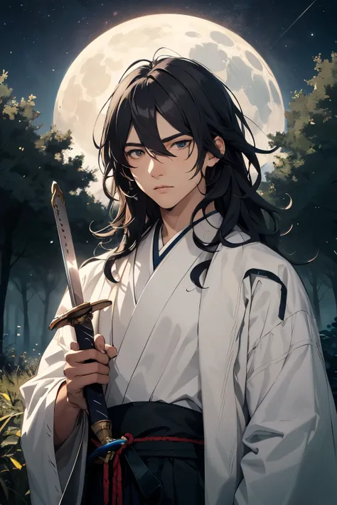 ((Highest quality)), ((masterpiece)), (detailed), man, sky, forest, male, fighting, With a sword in one hand, very long hair, messy hair, hair between eyes, black hair, brown eyes, big eyes, wide-eyed, droopy eyes, double eyelids, tall, wiry, Lazuli color ...