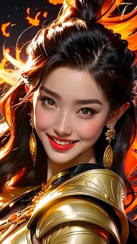 Close-up of a woman with fire and flames on her body, With flaming golden wings of flame, With flaming golden wings, Epic fantasy art style, Concept Art | ArtJam, Phoenix Warrior, extremely detailed ArtJam, Epic fantasy digital art style, Mistress of Chang...