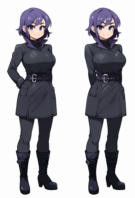 score_9, score_8_up, score_7_up, score_6_up, score_5_up, score_4_up, (source_anime), 1girl, smile, full body, looking at viewer, short purple hair styled casually, , purple turtleneck sweater underneath, fitted black diamond pattern padded jacket, belt wit...