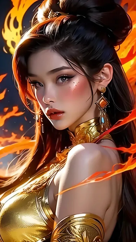 Close-up of a woman with fire and flames on her body, With flaming golden wings of flame, With flaming golden wings, Epic fantasy art style, Concept Art | ArtJam, Phoenix Warrior, extremely detailed ArtJam, Epic fantasy digital art style, Mistress of Chang...