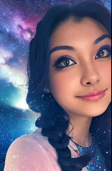 High detail, super detail, super high resolution, girl enjoying her time in the dream galaxy, surrounded by stars, warm light sprinkled on her, background is starry sky with colorful galaxies and galaxy clouds, stars flying around her, delicate face, addin...