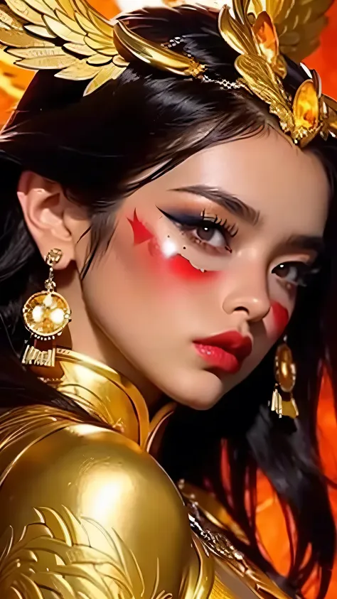 Close-up of a woman with fire and flames on her body, With flaming golden wings of flame, With flaming golden wings, Epic fantasy art style, Concept Art | ArtJam, Phoenix Warrior, extremely detailed ArtJam, Epic fantasy digital art style, Mistress of Chang...