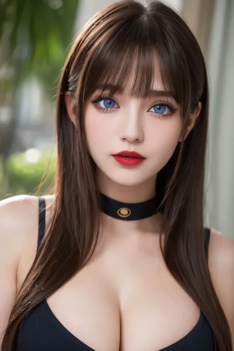 (Highest quality, 8k, Tabletop, Ultra HD: 1.3), V-neck T-shirt, 20-year-old, Black choker, blue eyes, Red lipstick, Very long eyelashes, Cleavage, Noble, bangs, Brown and straight long hair, president&#39;office, ((whole body)), Tie your hair back, ((Slim ...