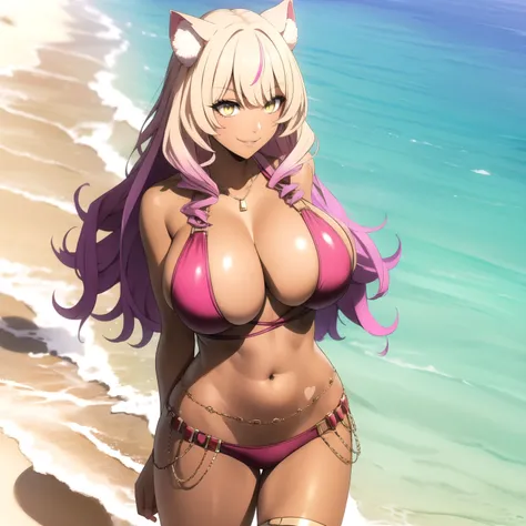 Raphtalia, Woman 27 años ,straight blonde hair with pink tips , yellow eyes ,  orejas de gato, Dark skin, tanned skin. king,Accessories, smile, background a white sand beach, Whole body. perfect hands. drops of water on his chest, arms behind the back, sti...