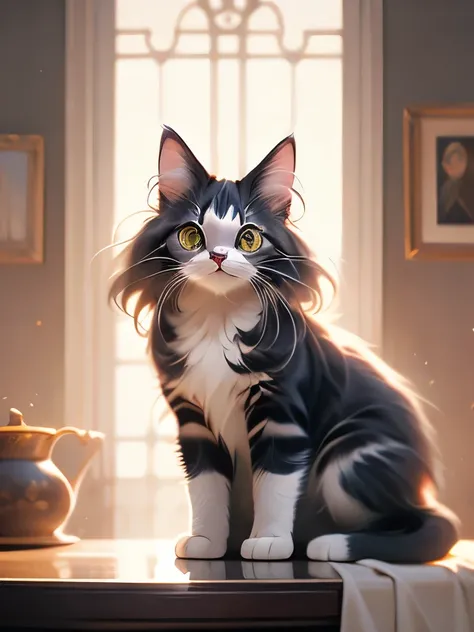 there is a cat that is standing on a table, a pastel by Niko Henrichon, tumblr, fine art, awesome cat, maine coon, anthropomorphic large maine coon, gorgeous and beautiful, adorable appearance!!!, beautiful cat, beautiful gorgeous, well proportioned, ultra...