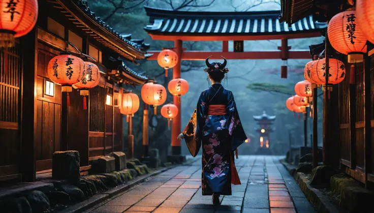night、A landscape illuminated by lanterns、Earrings、hair ornaments、An image of a female android with demon horns wearing a kimono dress stalking a Kyoto shrine has been created。The style is also terrible.、人間とrobotの融合は美しさの中に神秘的でSpooky atmosphereがある。Torii gat...